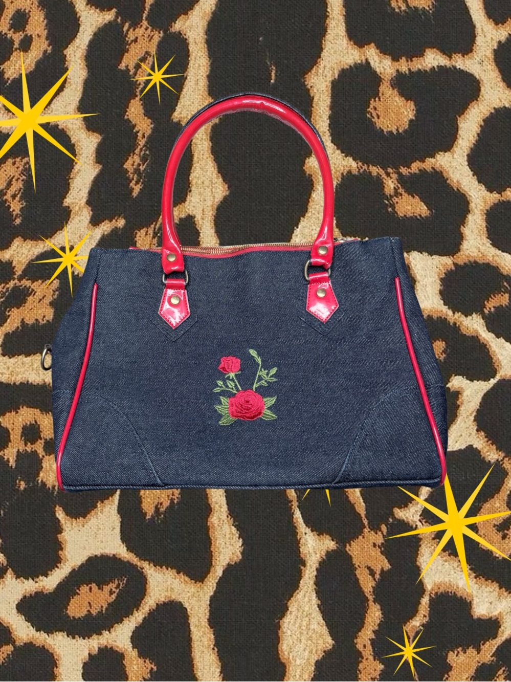 Vintage-Style Denim Tote with Red Trim and Rose Embroidery Pink Interior | Fair